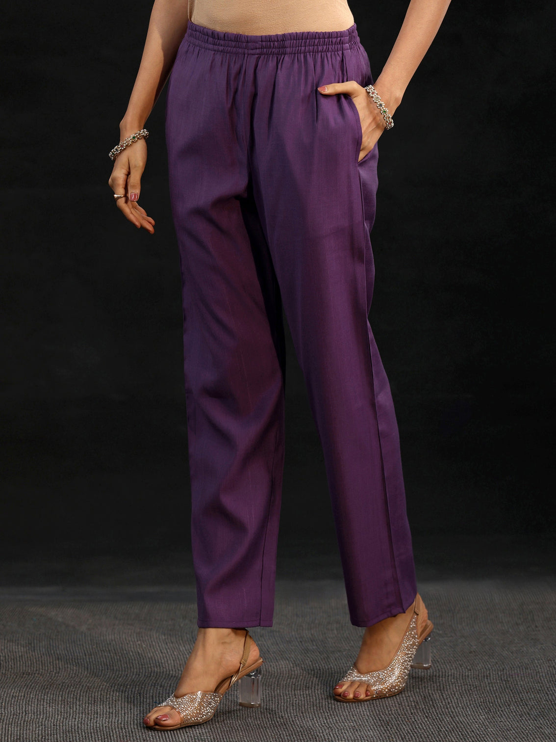 Mameraa Purple Floral Embroidered Yoke Design Silk Blend Straight Suit Set