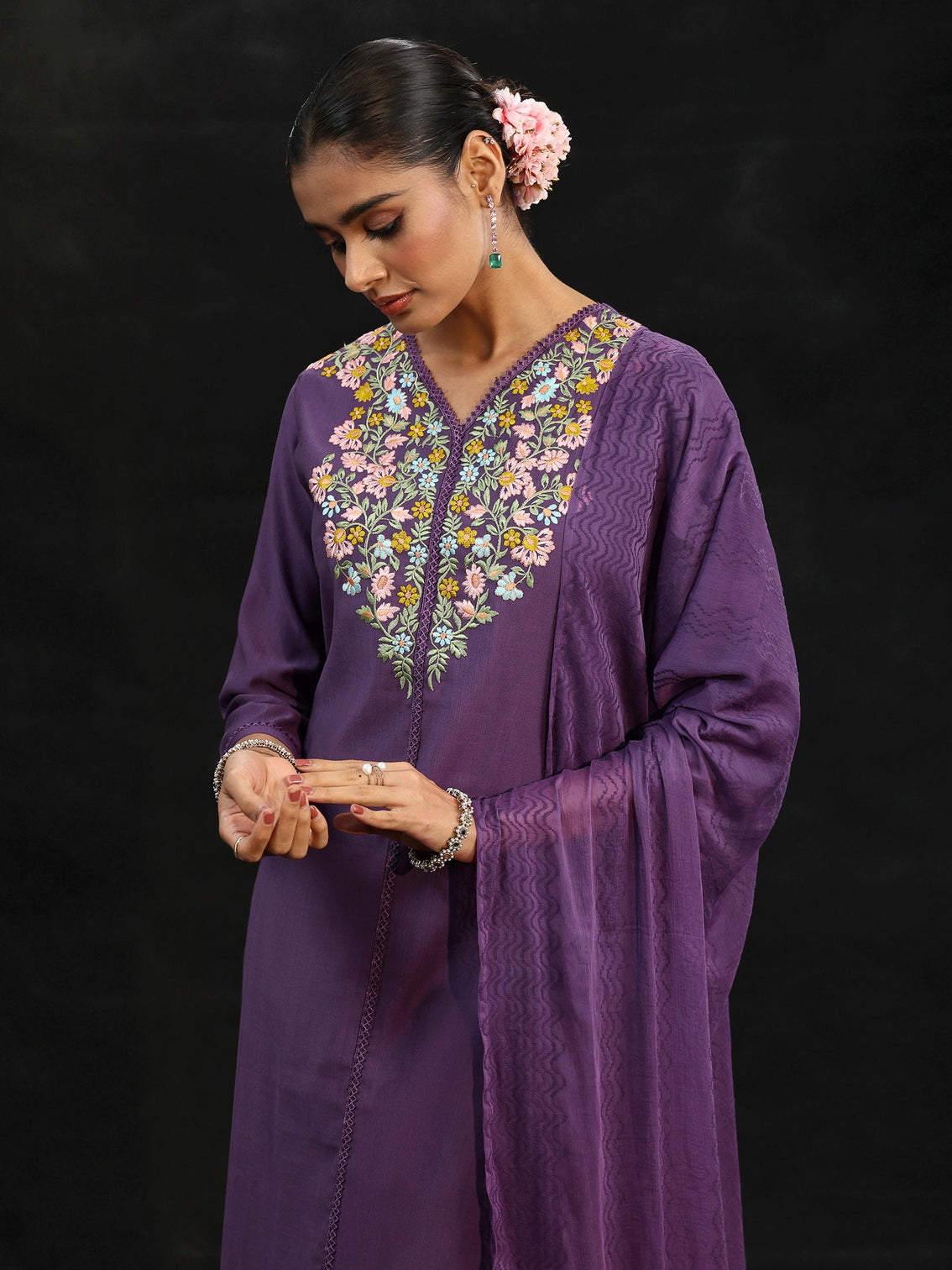 Mameraa Purple Floral Embroidered Yoke Design Silk Blend Straight Suit Set