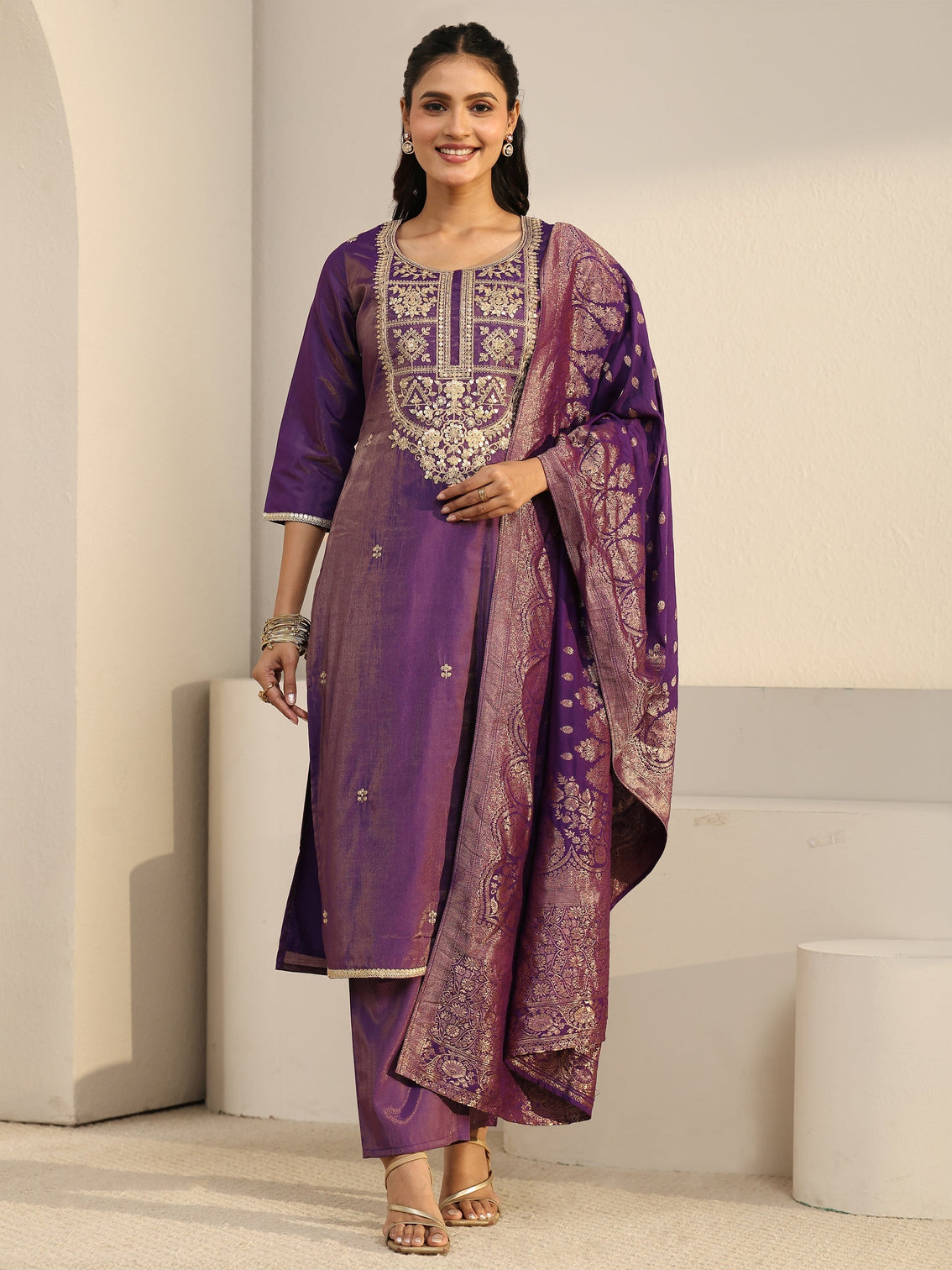 Mameraa Purple Floral Embellished Silk Blend Straight Suit Set