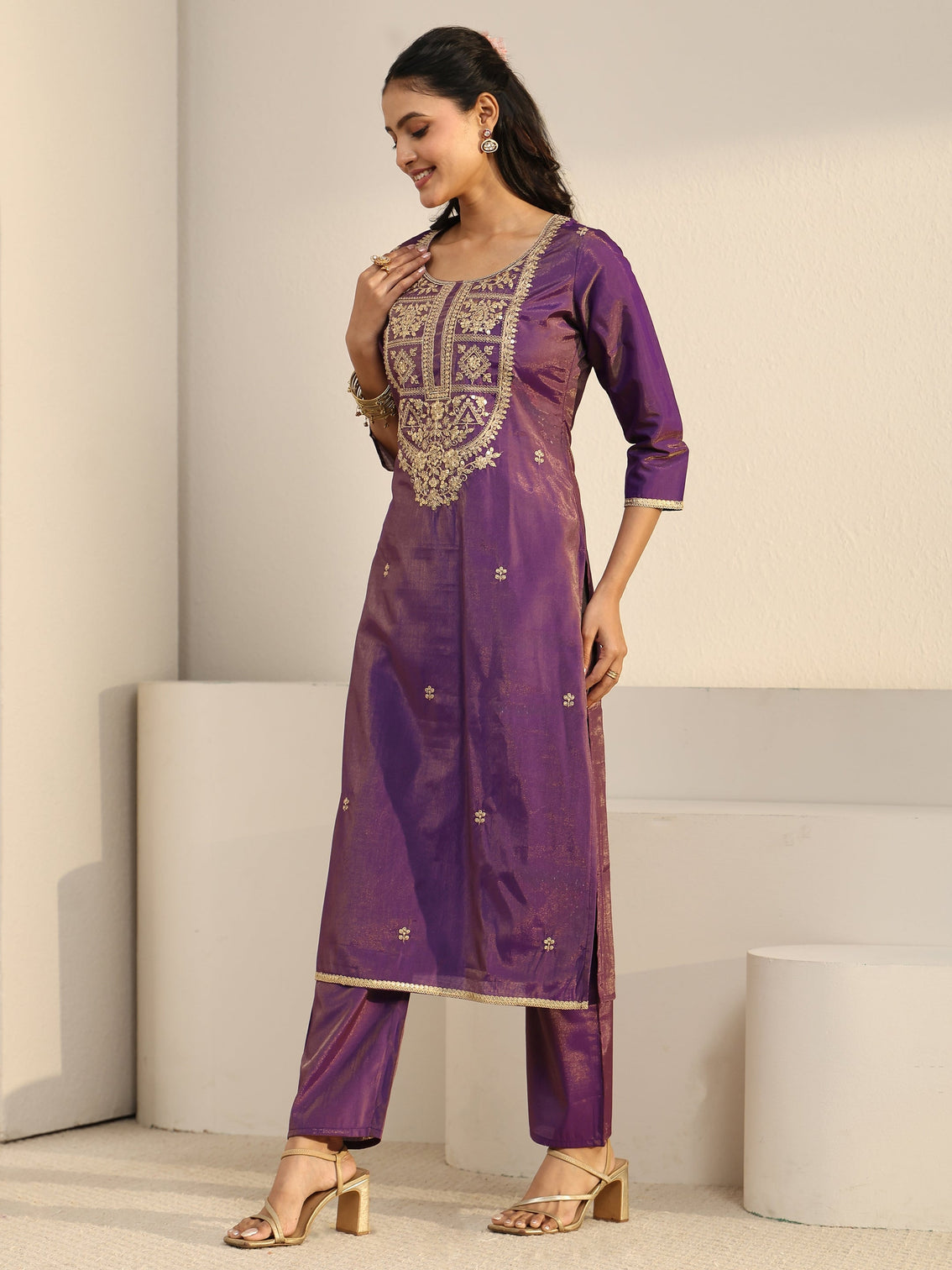 Mameraa Purple Floral Embellished Silk Blend Straight Suit Set