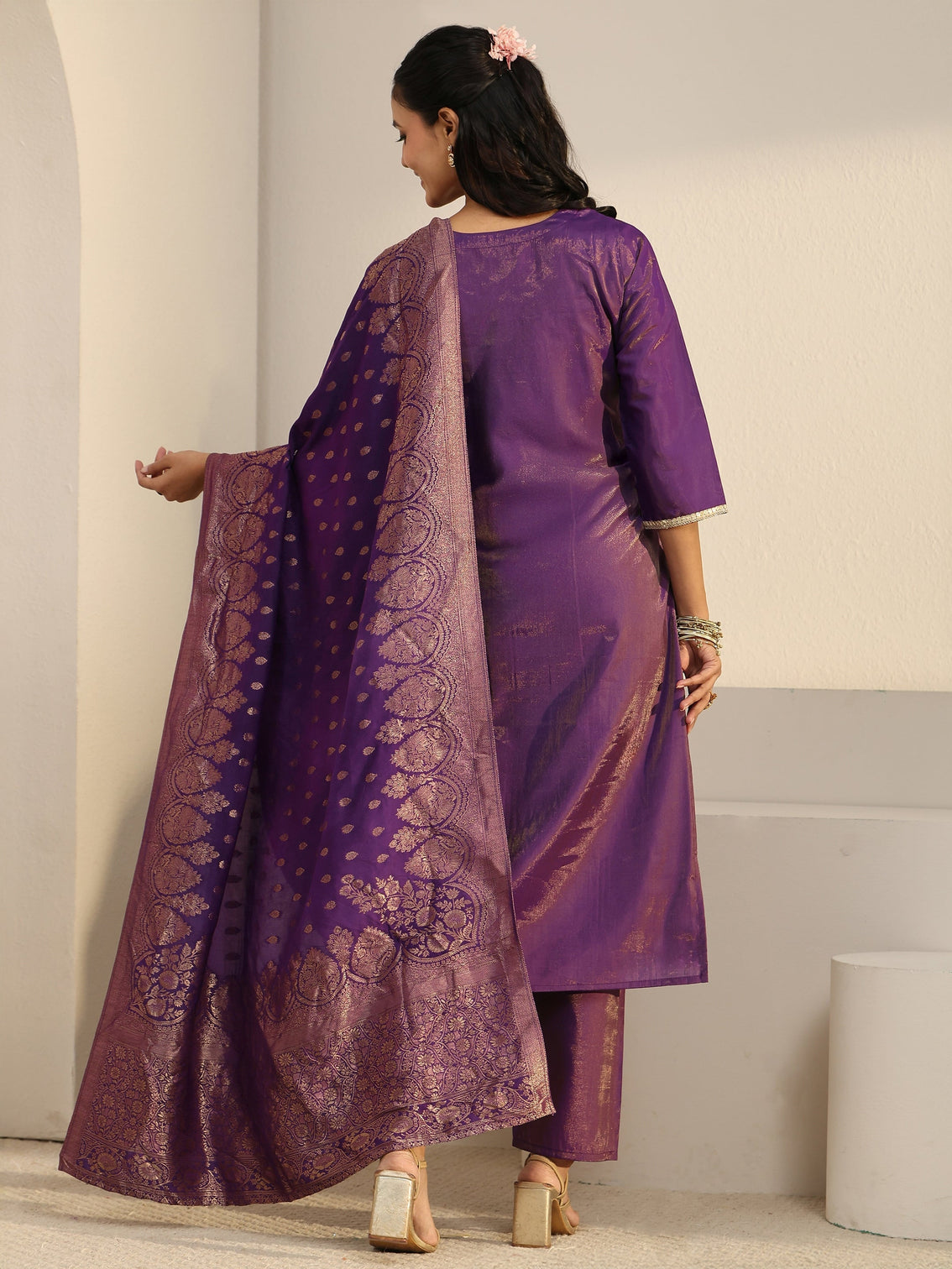 Mameraa Purple Floral Embellished Silk Blend Straight Suit Set