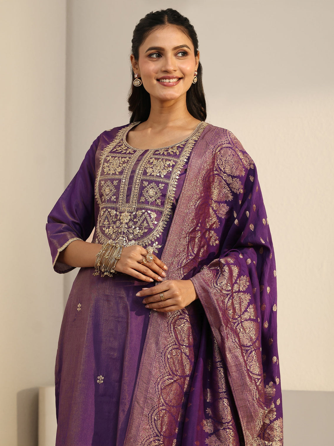 Mameraa Purple Floral Embellished Silk Blend Straight Suit Set