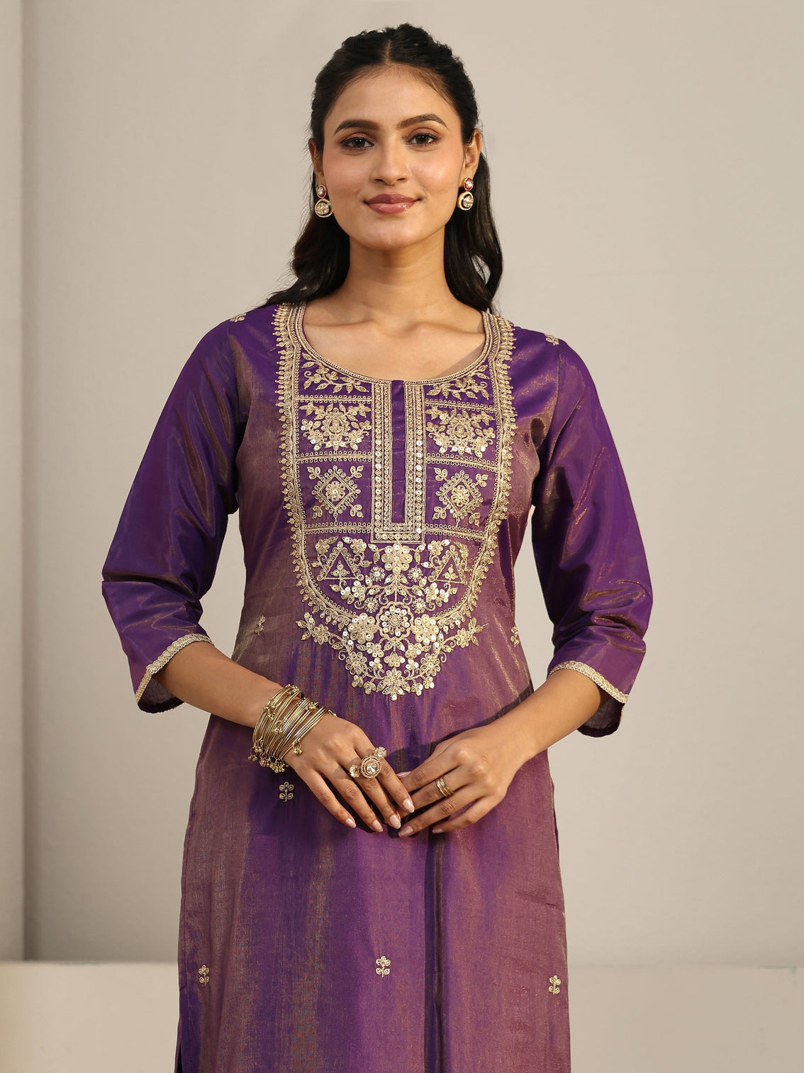 Mameraa Purple Floral Embellished Silk Blend Straight Suit Set