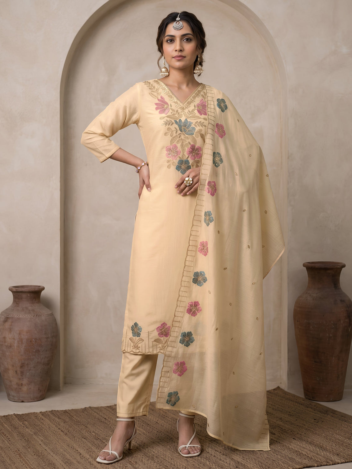 Mameraa Off White Floral Embroidered Silk Blend Straight Suit Set