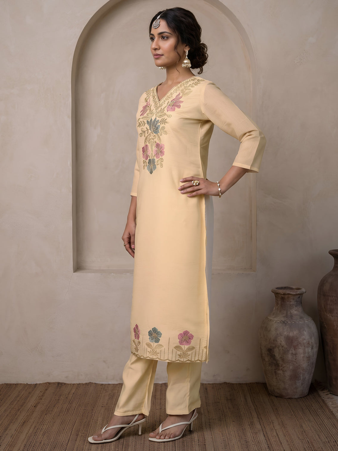 Mameraa Off White Floral Embroidered Silk Blend Straight Suit Set