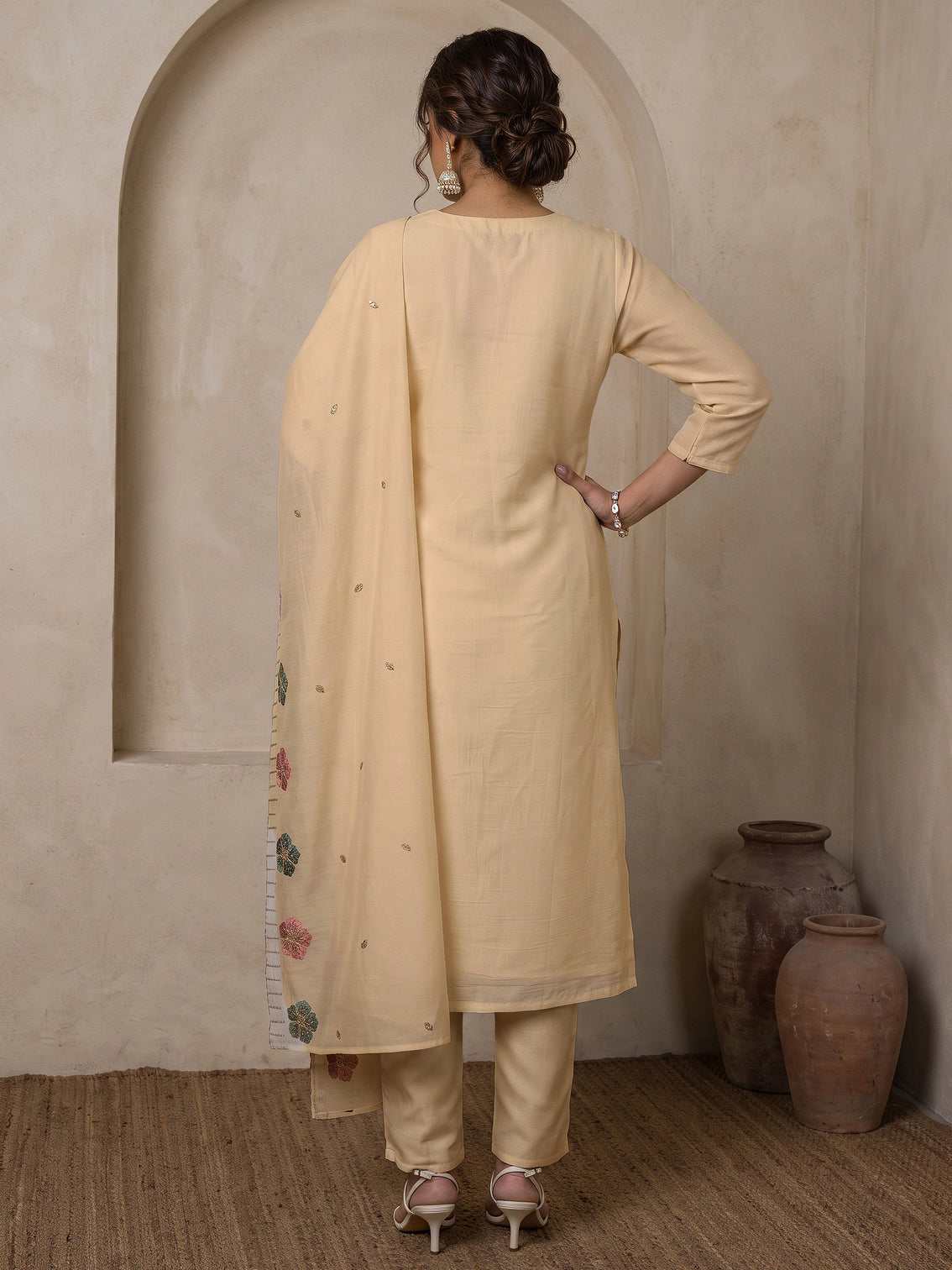 Mameraa Off White Floral Embroidered Silk Blend Straight Suit Set