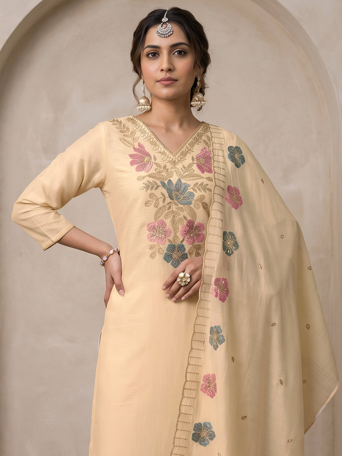 Mameraa Off White Floral Embroidered Silk Blend Straight Suit Set