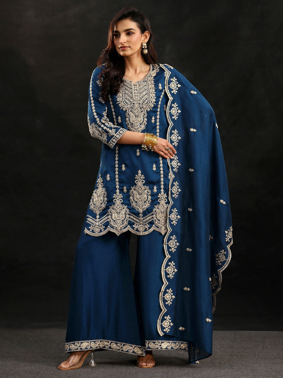 Mameraa Peacock Blue Embellished Chinon Short Kurta Palazzo Suit Set