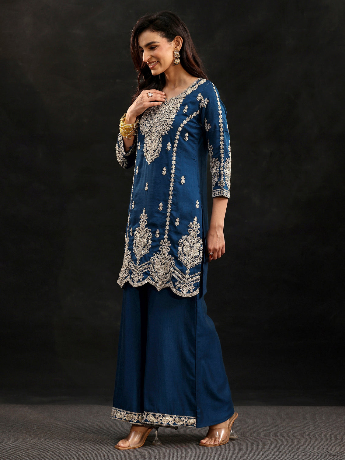 Mameraa Peacock Blue Embellished Chinon Short Kurta Palazzo Suit Set