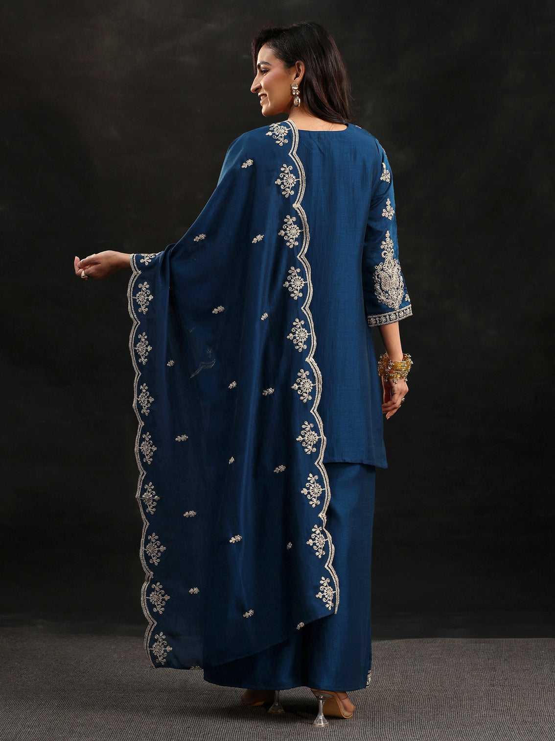 Mameraa Peacock Blue Embellished Chinon Short Kurta Palazzo Suit Set