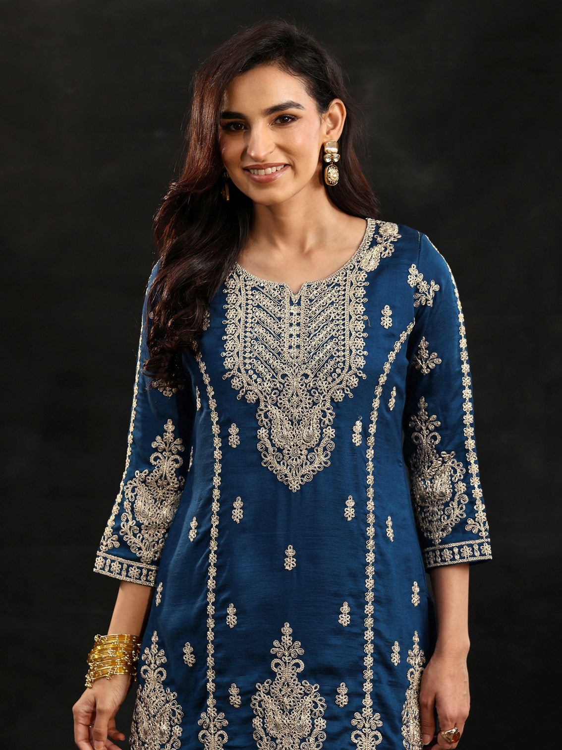 Mameraa Peacock Blue Embellished Chinon Short Kurta Palazzo Suit Set