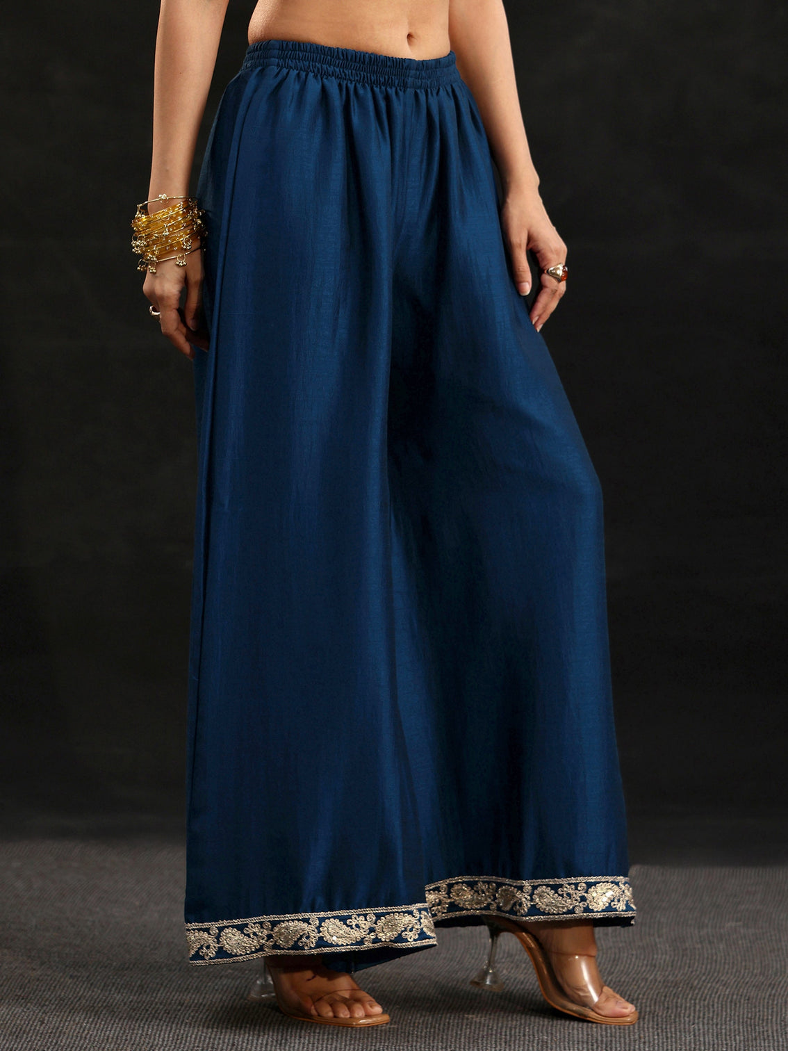 Mameraa Peacock Blue Embellished Chinon Short Kurta Palazzo Suit Set