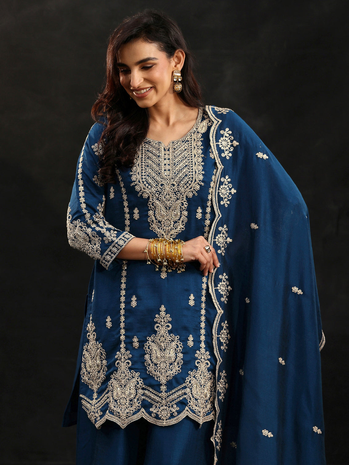 Mameraa Peacock Blue Embellished Chinon Short Kurta Palazzo Suit Set