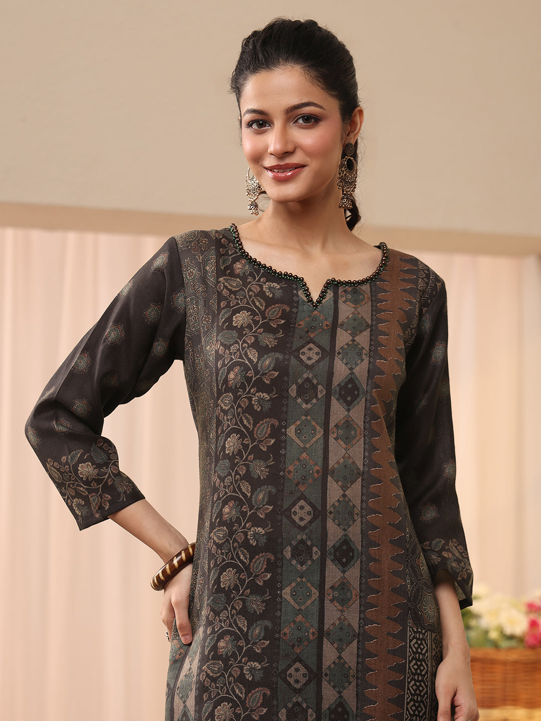 Mameraa Black Ethnic Printed Linen Straight Suit Set
