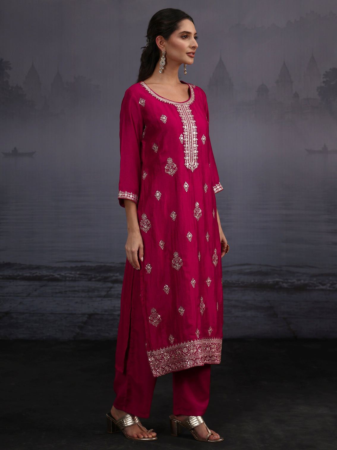 Mameraa Magenta Pink Embroidered Silk Blend Straight Suit Set