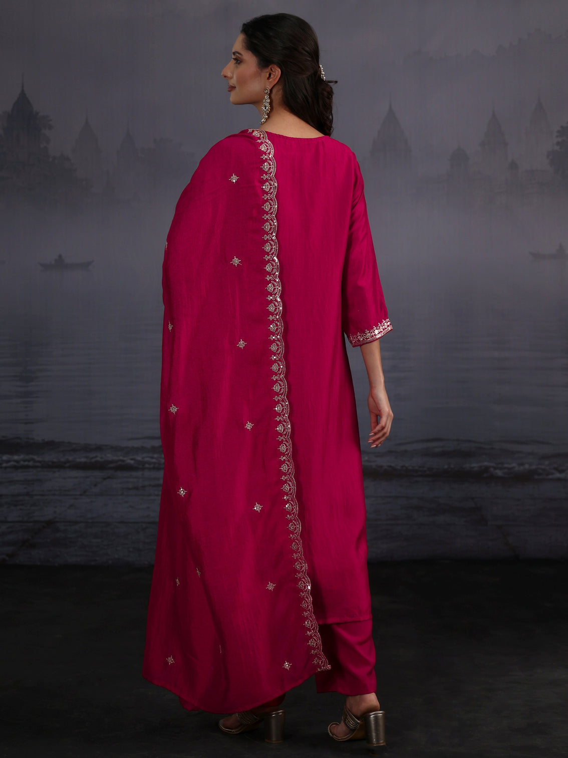 Mameraa Magenta Pink Embroidered Silk Blend Straight Suit Set