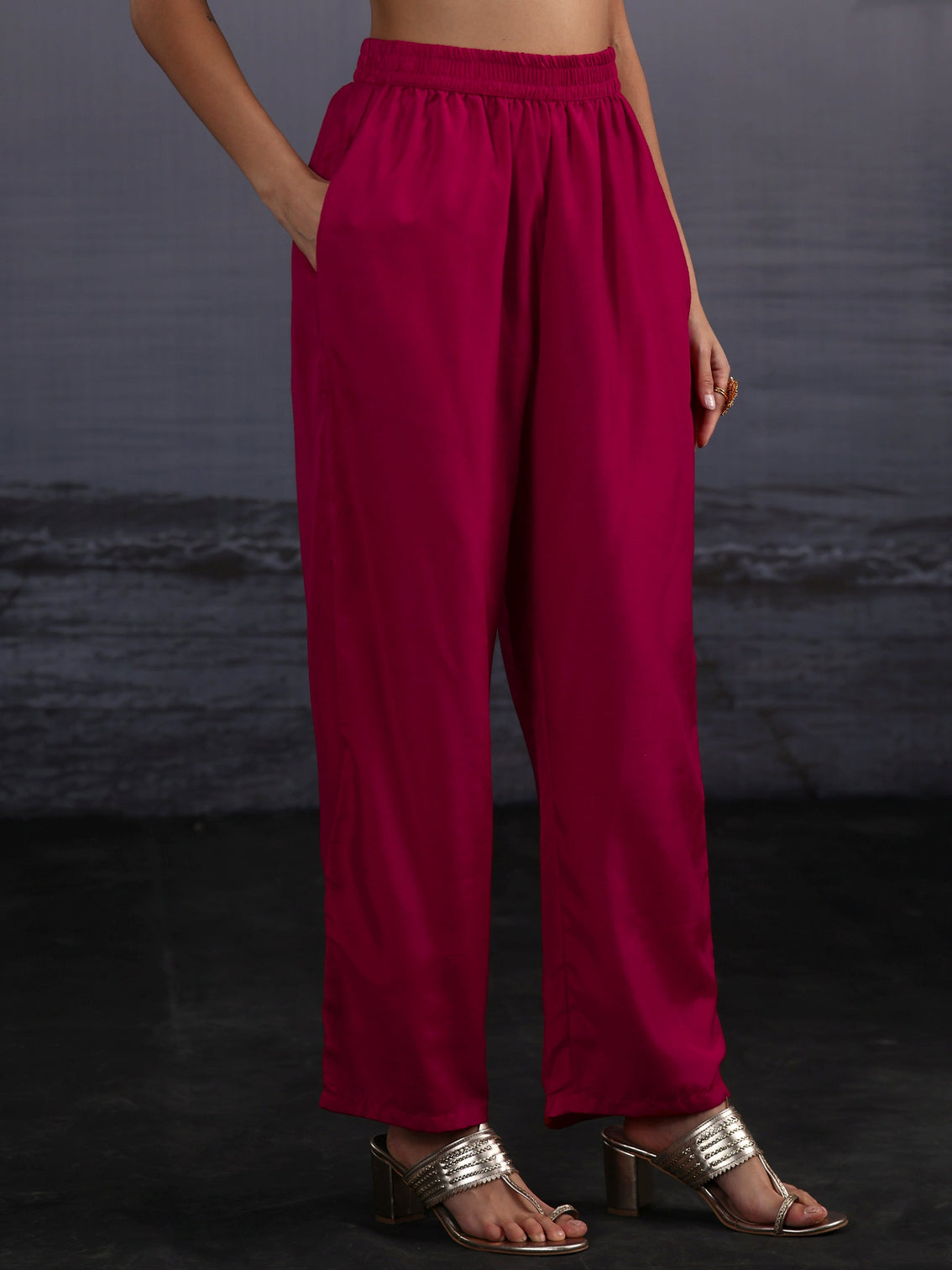 Mameraa Magenta Pink Embroidered Silk Blend Straight Suit Set