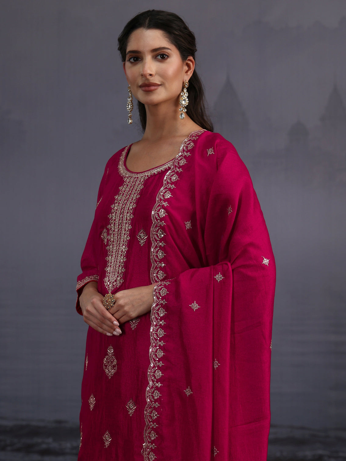 Mameraa Magenta Pink Embroidered Silk Blend Straight Suit Set