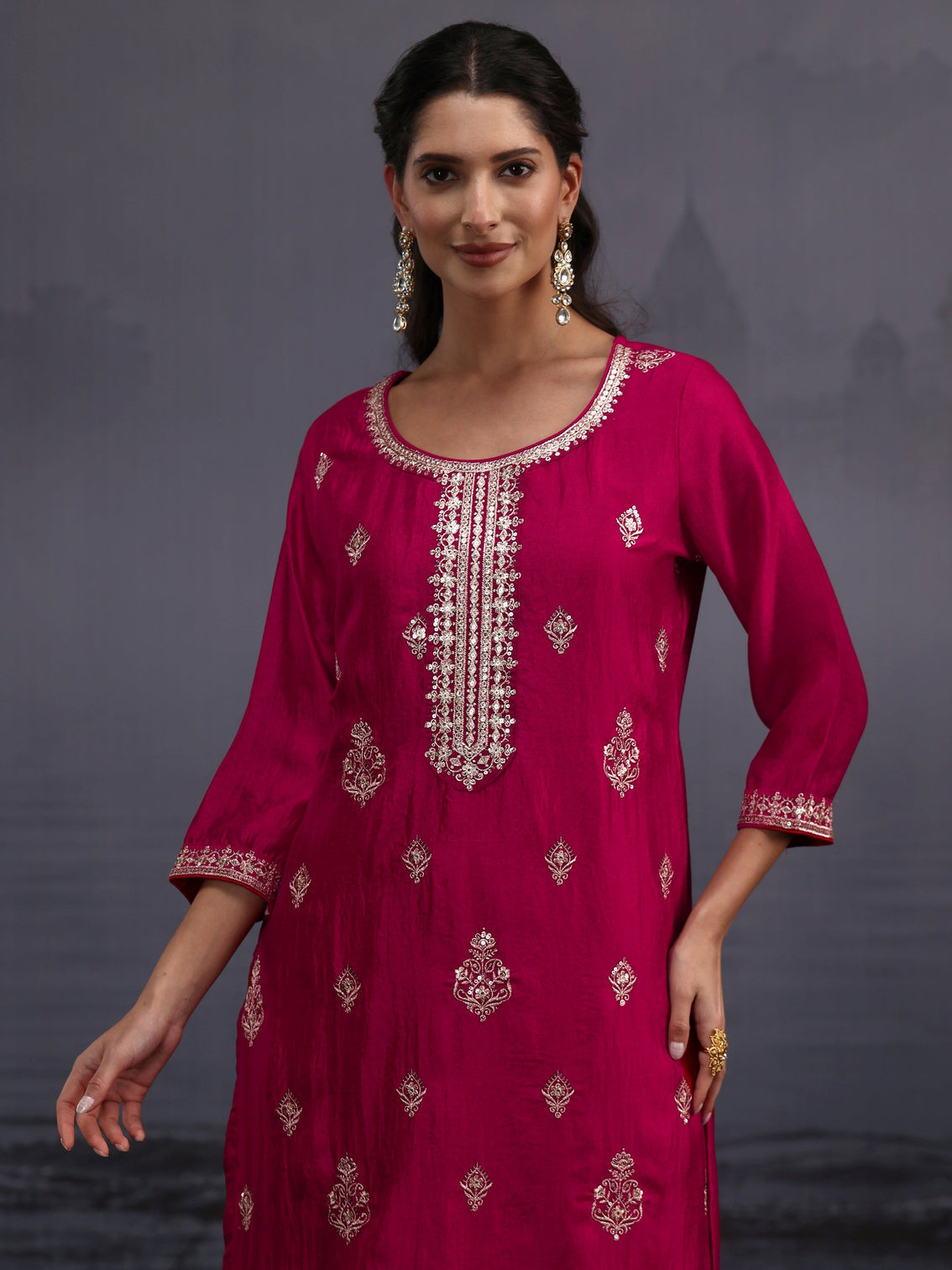 Mameraa Magenta Pink Embroidered Silk Blend Straight Suit Set