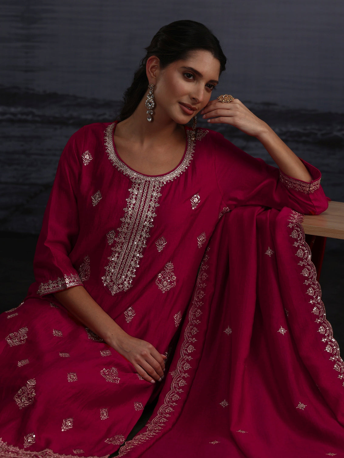 Mameraa Magenta Pink Embroidered Silk Blend Straight Suit Set