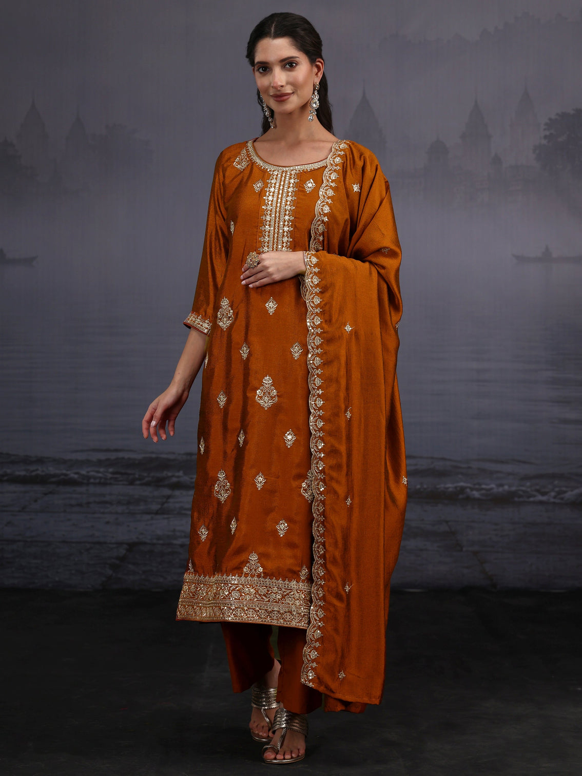 Mameraa Rust Brown Embroidered Silk Blend Straight Suit Set