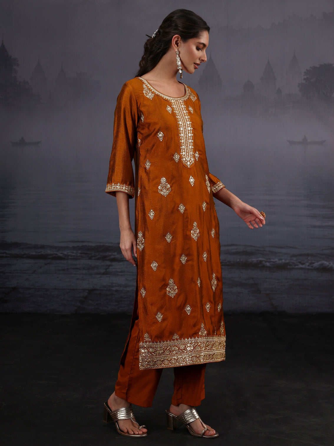 Mameraa Rust Brown Embroidered Silk Blend Straight Suit Set