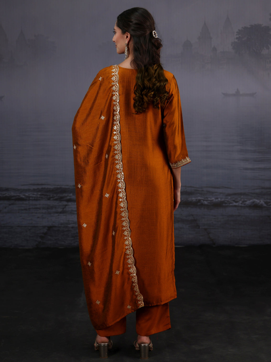 Mameraa Rust Brown Embroidered Silk Blend Straight Suit Set