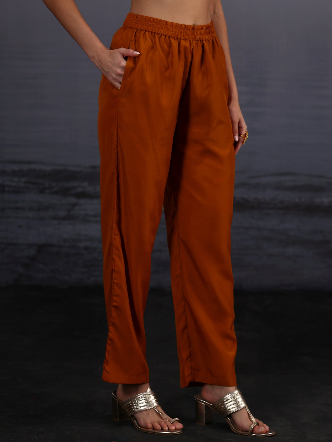 Mameraa Rust Brown Embroidered Silk Blend Straight Suit Set