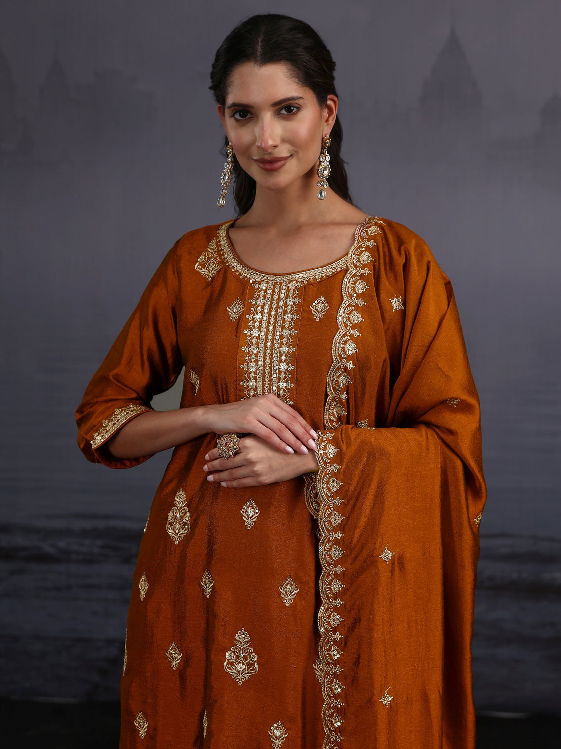 Mameraa Rust Brown Embroidered Silk Blend Straight Suit Set