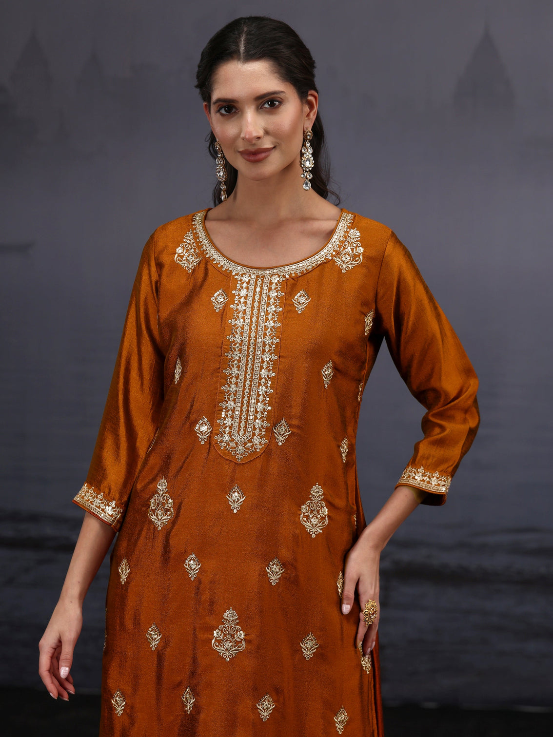 Mameraa Rust Brown Embroidered Silk Blend Straight Suit Set