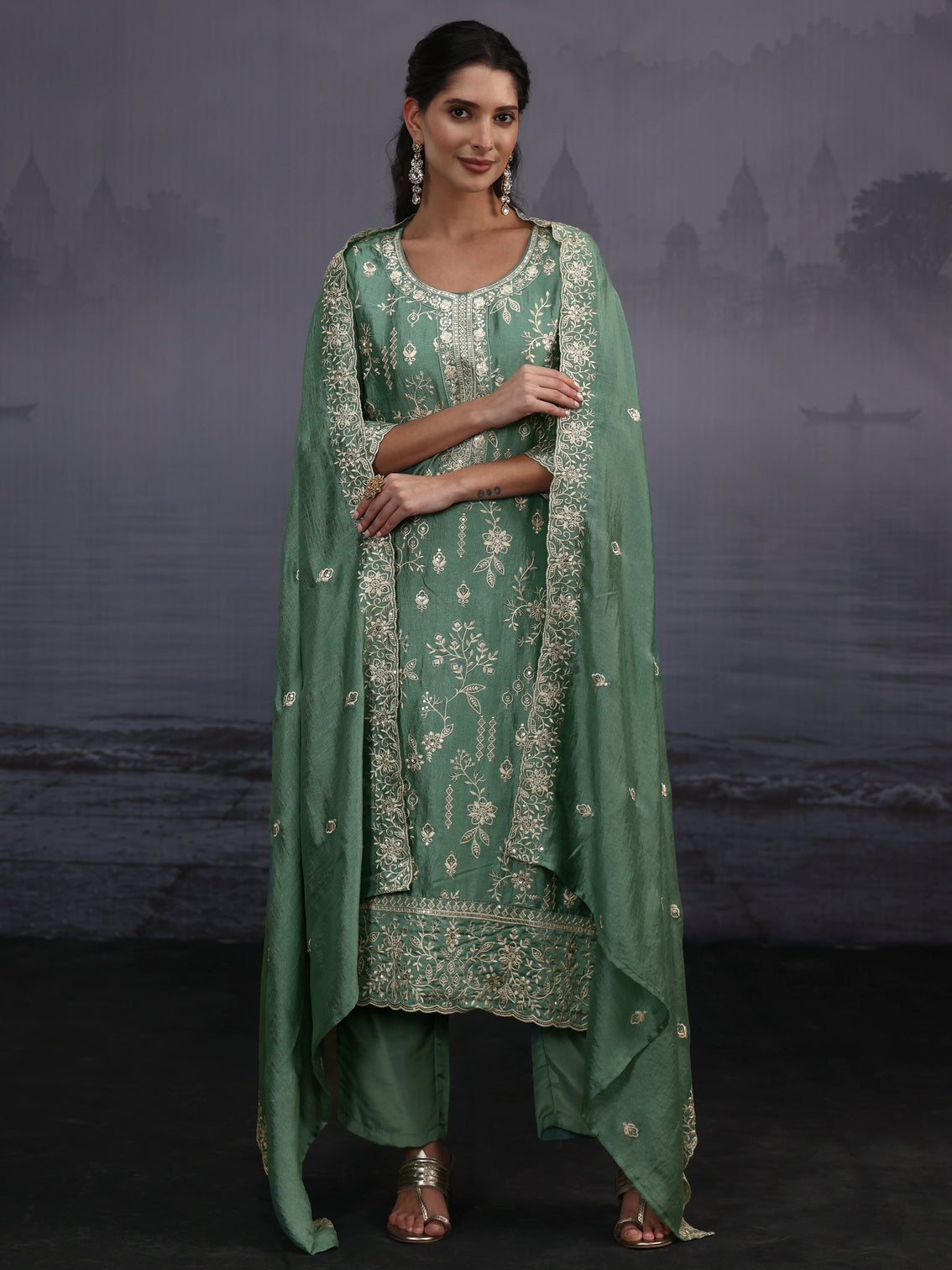Mameraa Dusty Mint Green Floral Embroidered Silk Blend Straight Suit Set