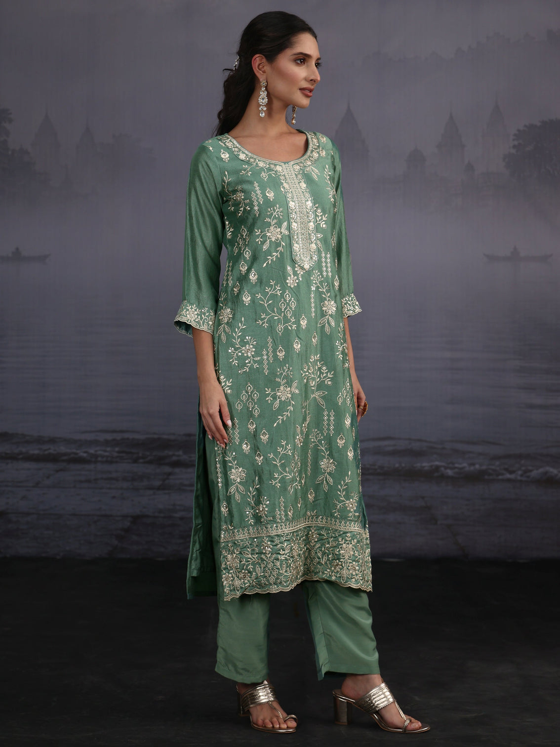 Mameraa Dusty Mint Green Floral Embroidered Silk Blend Straight Suit Set