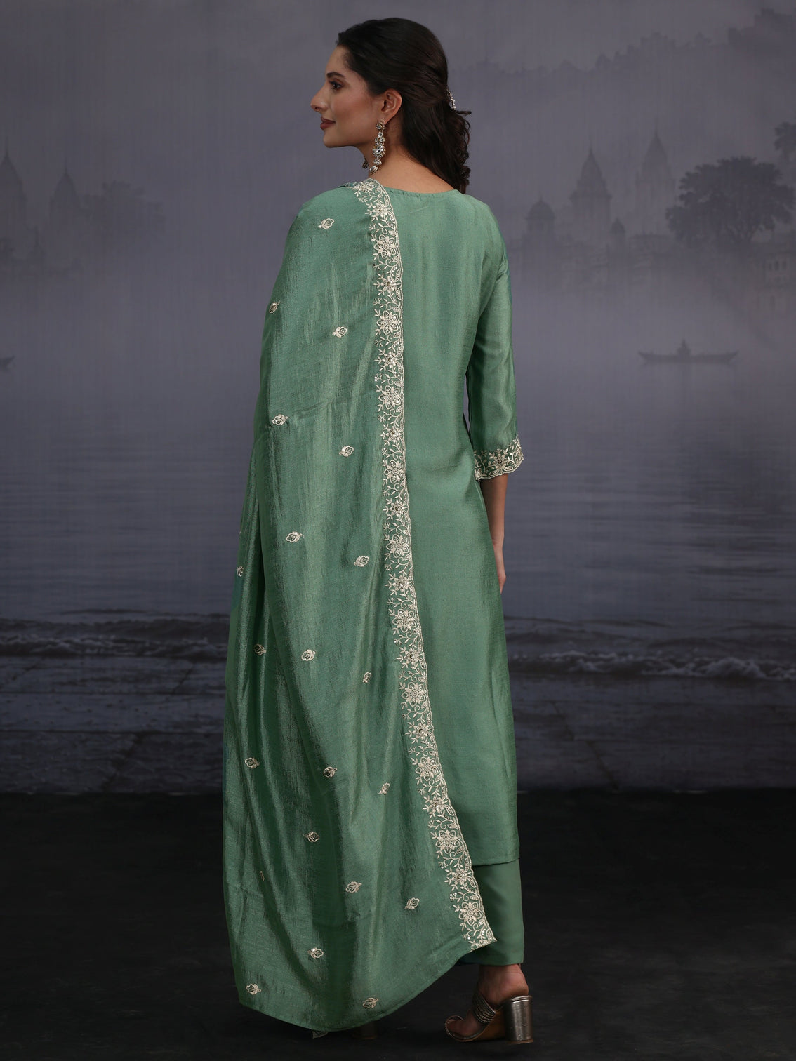 Mameraa Dusty Mint Green Floral Embroidered Silk Blend Straight Suit Set