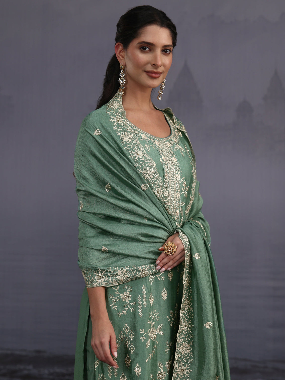 Mameraa Dusty Mint Green Floral Embroidered Silk Blend Straight Suit Set
