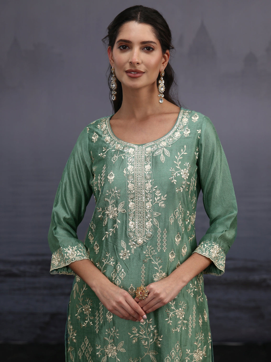 Mameraa Dusty Mint Green Floral Embroidered Silk Blend Straight Suit Set