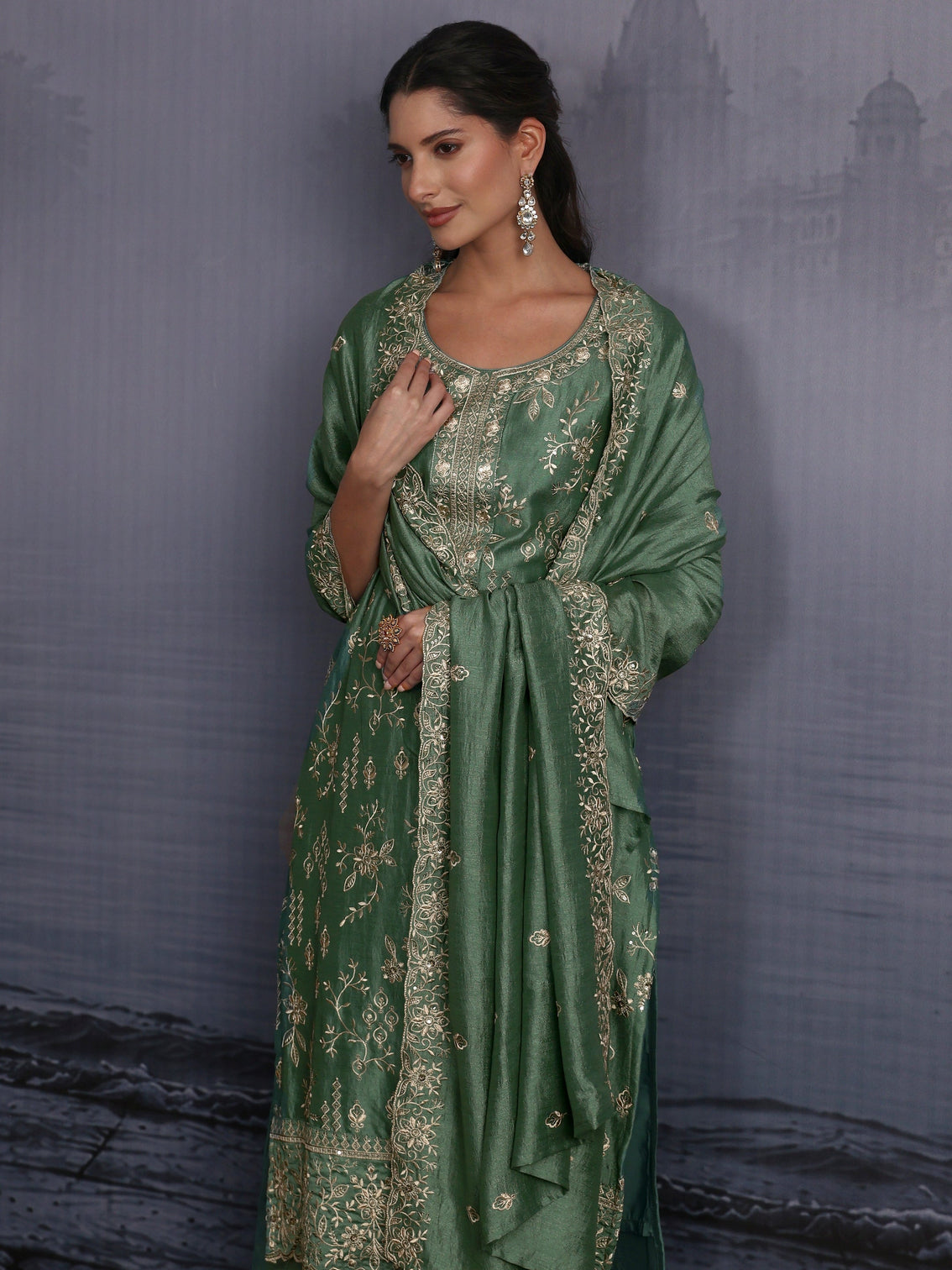 Mameraa Dusty Mint Green Floral Embroidered Silk Blend Straight Suit Set