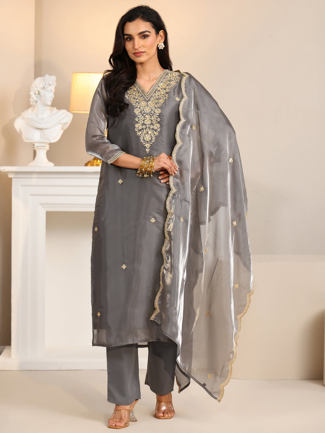 Mameraa Slate Grey Floral Embellished Tissue Straight Suit Set