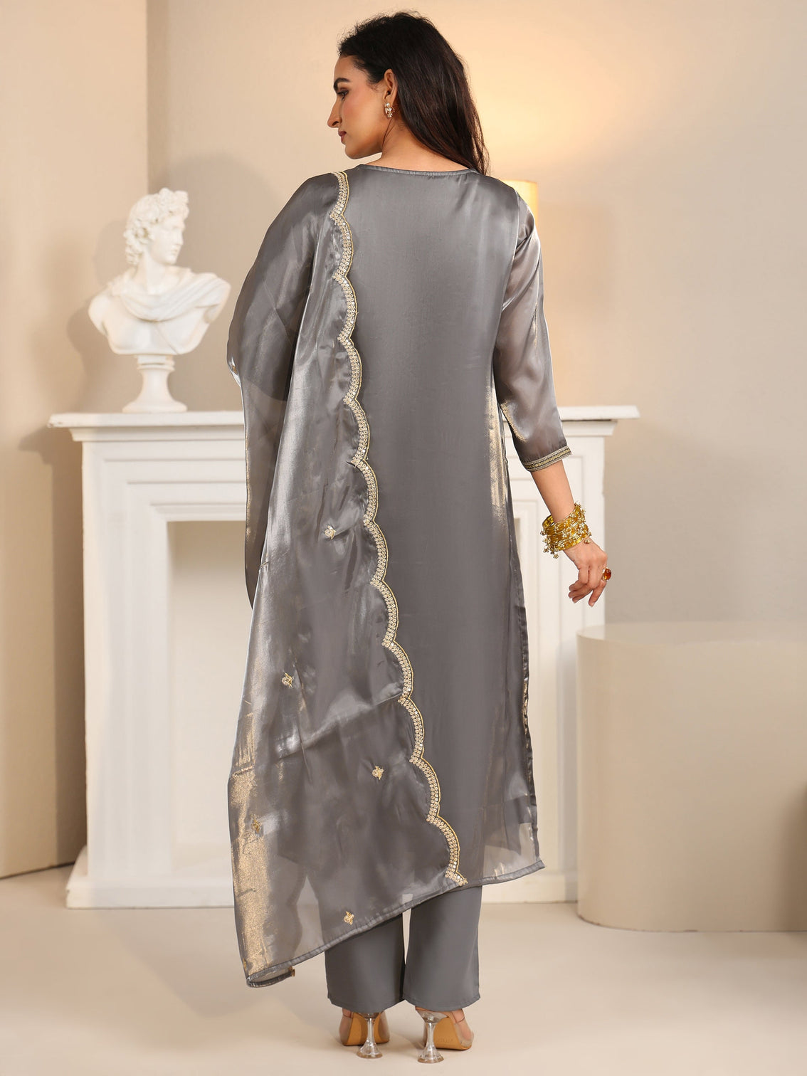 Mameraa Slate Grey Floral Embellished Tissue Straight Suit Set