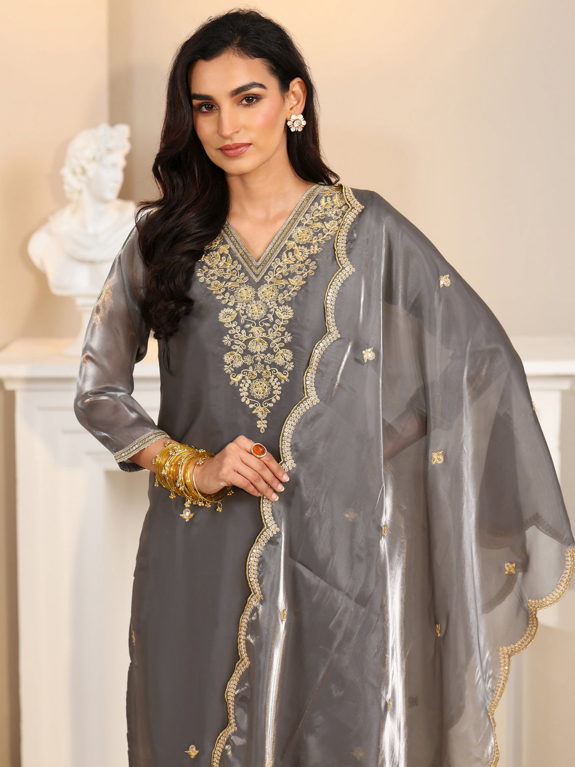 Mameraa Slate Grey Floral Embellished Tissue Straight Suit Set