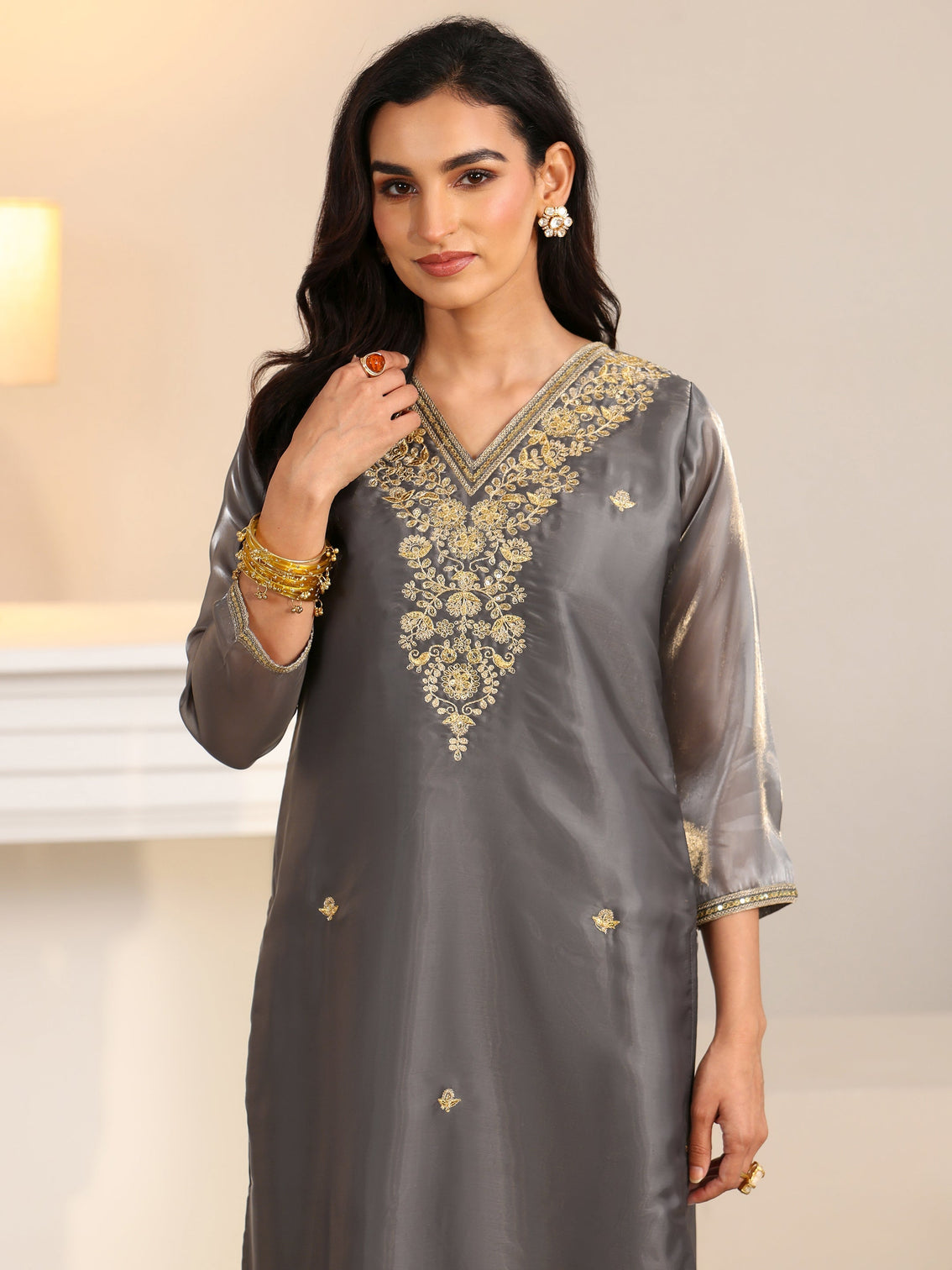 Mameraa Slate Grey Floral Embellished Tissue Straight Suit Set