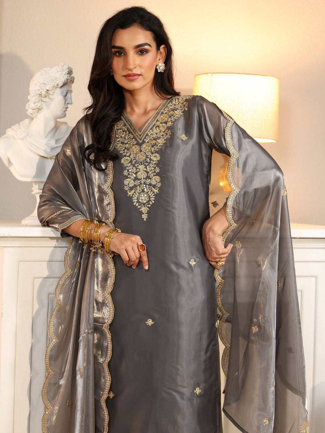 Mameraa Slate Grey Floral Embellished Tissue Straight Suit Set