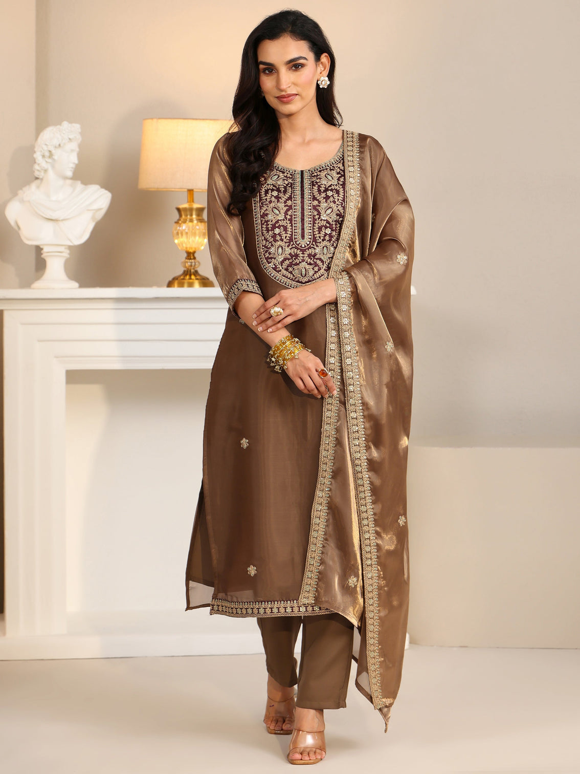 Mameraa Taupe Tissue Straight Suit Set with Embellished Yoke
