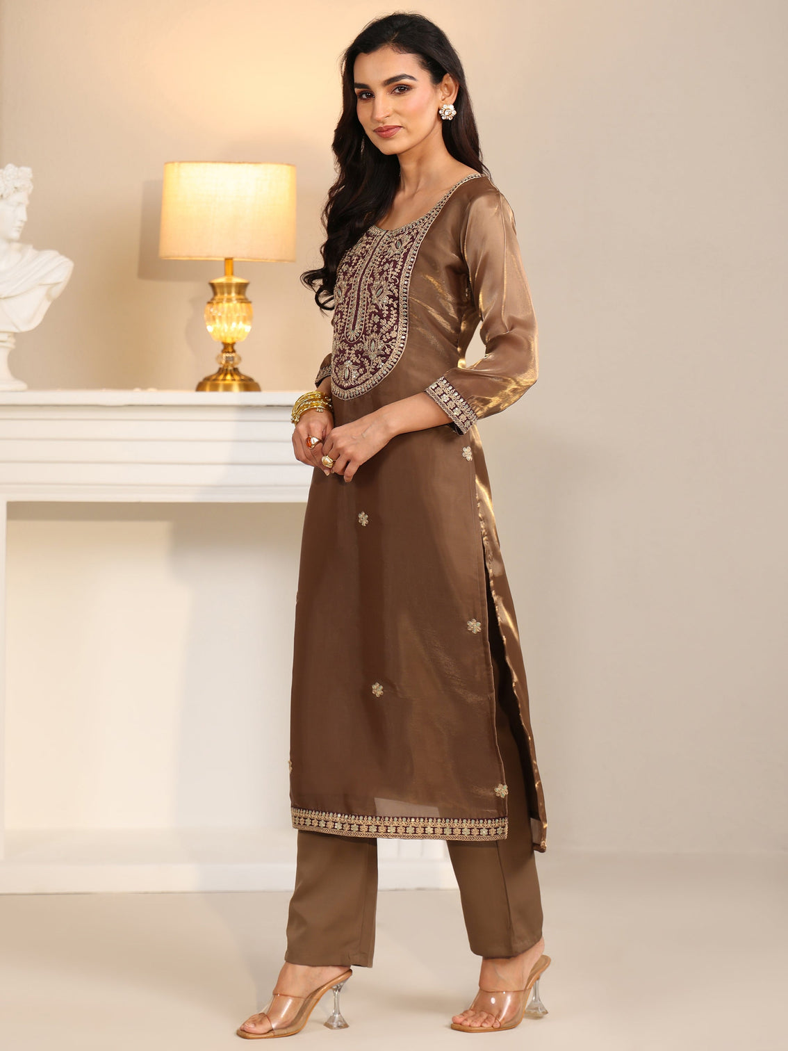 Mameraa Taupe Tissue Straight Suit Set with Embellished Yoke