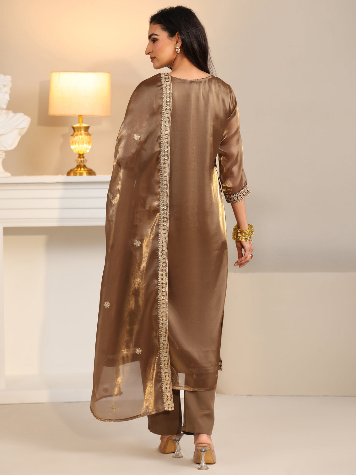 Mameraa Taupe Tissue Straight Suit Set with Embellished Yoke