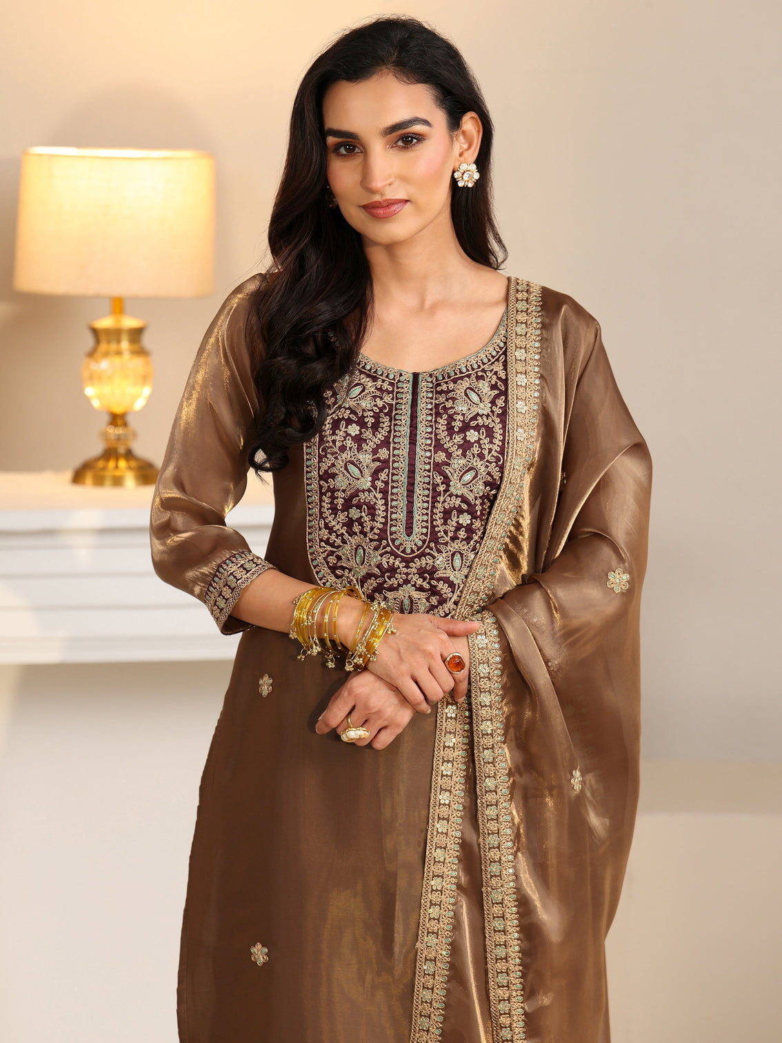 Mameraa Taupe Tissue Straight Suit Set with Embellished Yoke