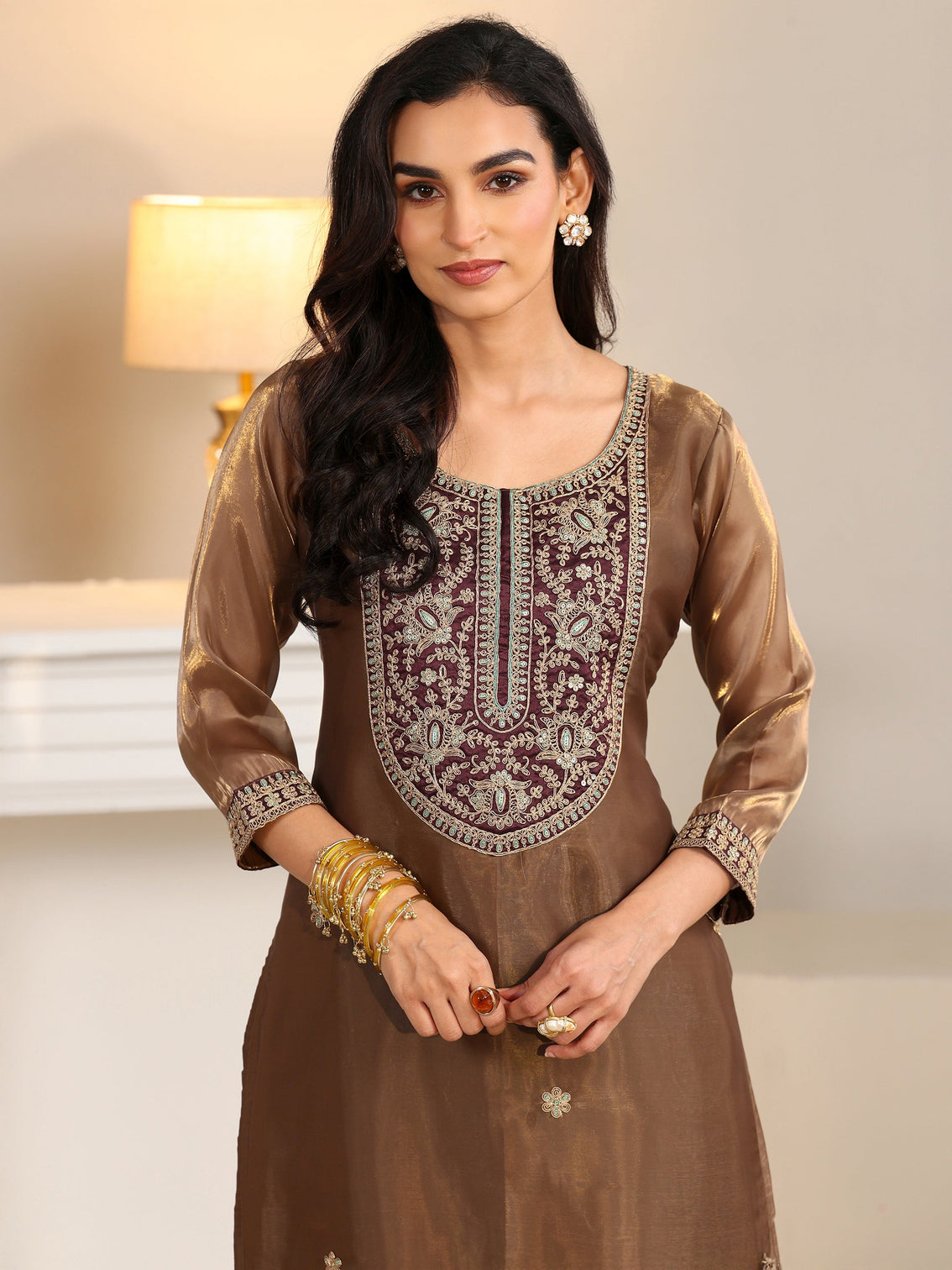 Mameraa Taupe Tissue Straight Suit Set with Embellished Yoke