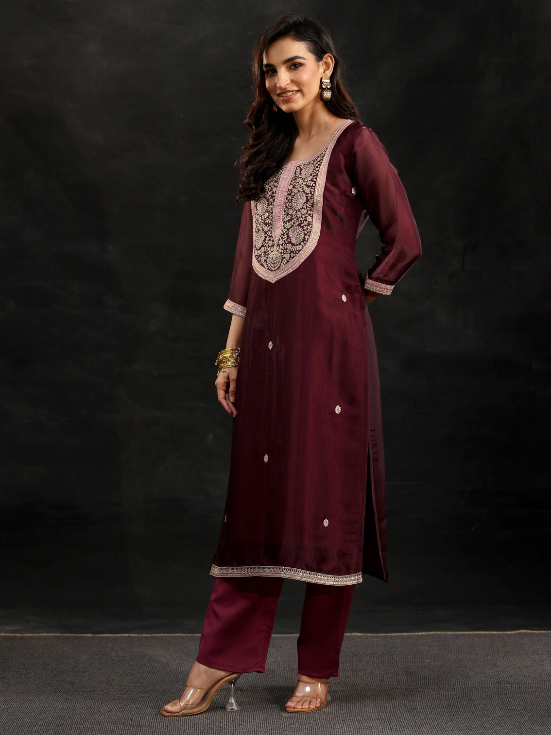 Mameraa Maroon Yoke Design Tissue Straight Suit Set