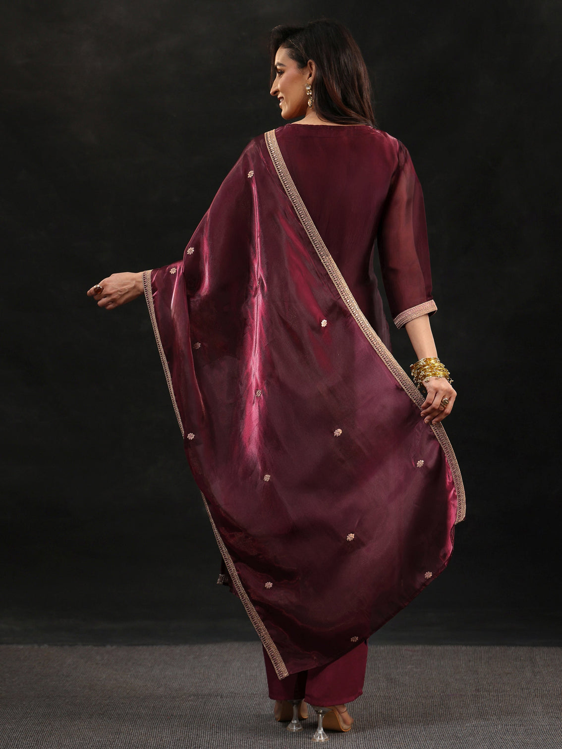 Mameraa Maroon Yoke Design Tissue Straight Suit Set