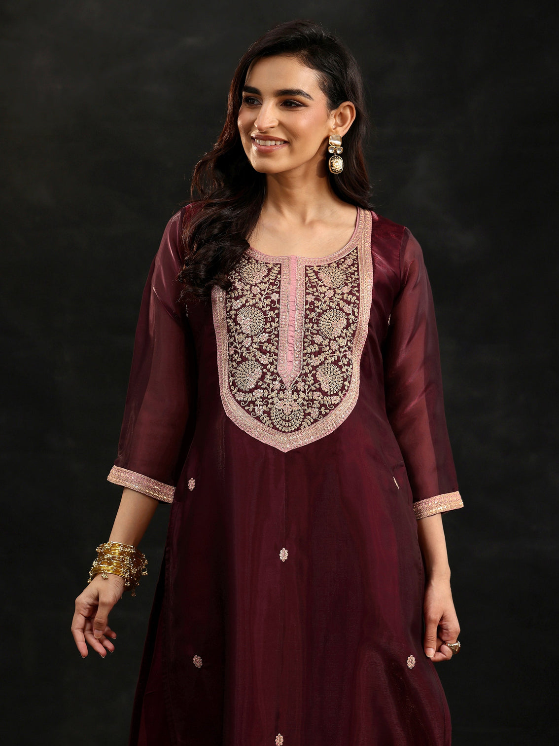 Mameraa Maroon Yoke Design Tissue Straight Suit Set