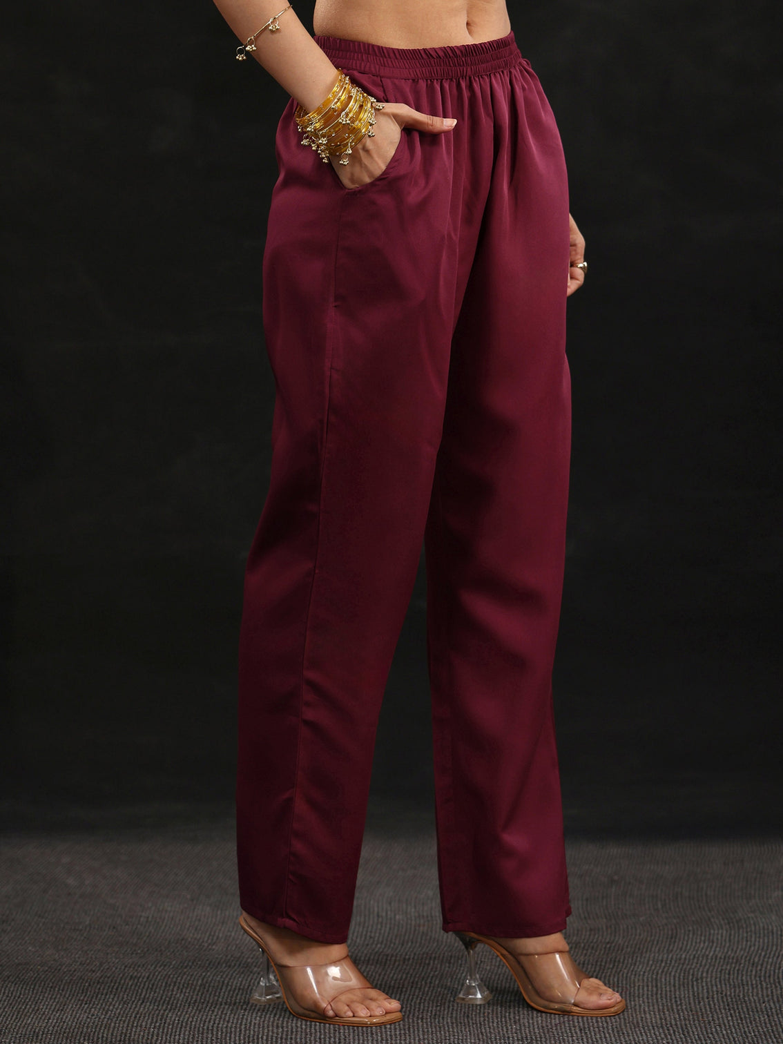 Mameraa Maroon Yoke Design Tissue Straight Suit Set